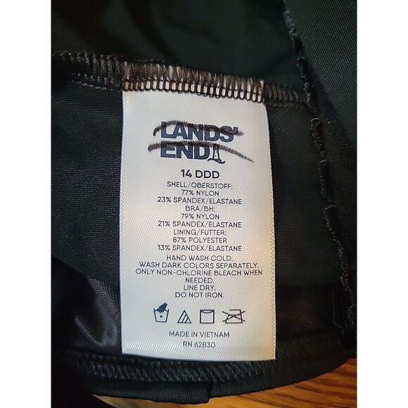 Swim Top Black 14 DDD Square Neck Underwire Solid Women's LG Lands' End S68 - Picture 6 of 6